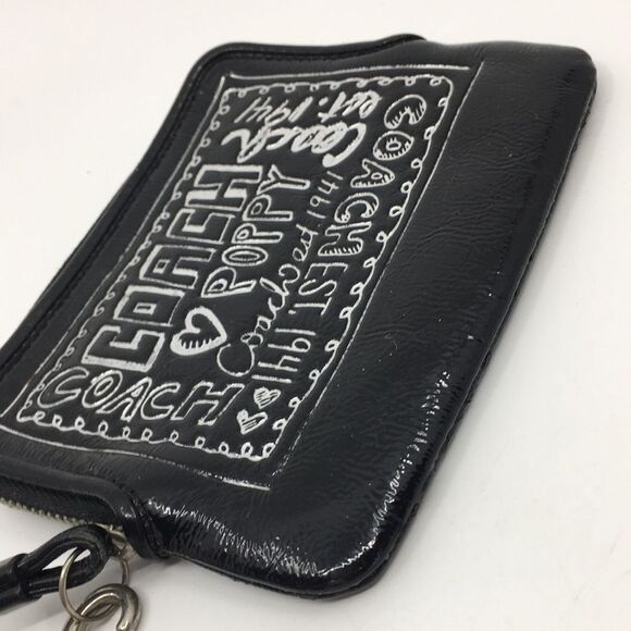 Coach Poppy Black Patent Leather Square Wristlet with Metallic Silver Lettering - Picture 4 of 16
